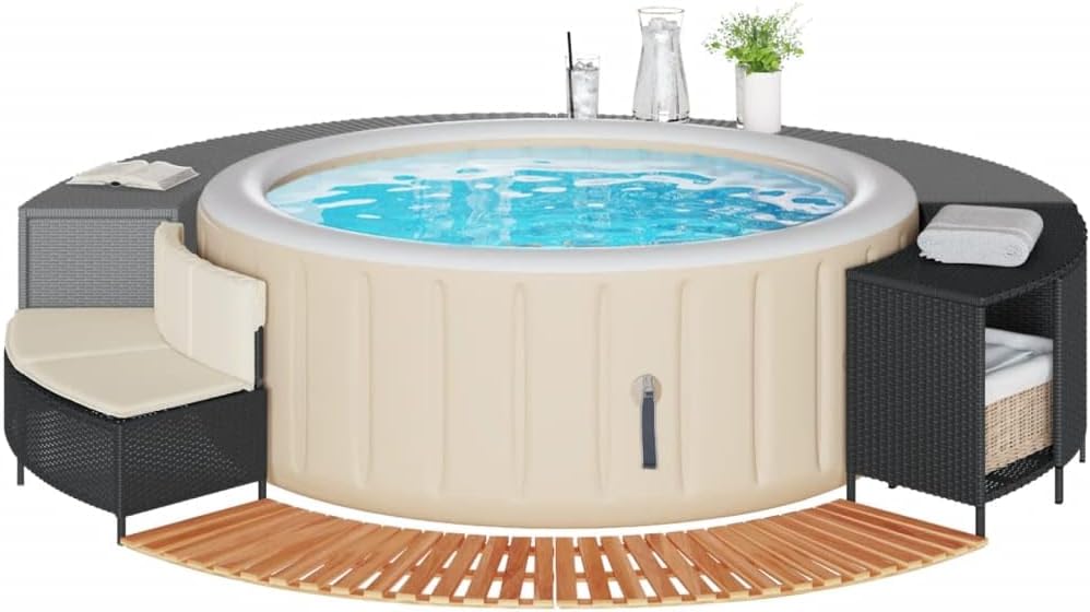 Sophrelle Bain de soleil, Cadre de Bain à remous Noir résine tressée Bois Massif d'acacia, 112 × 45 × 55 cm, Accessoires pour piscines & spas