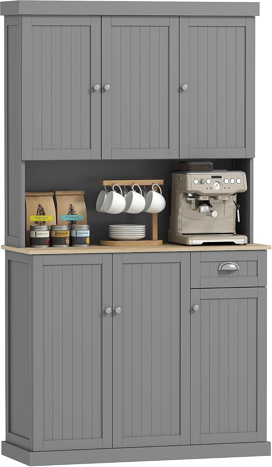 HOMCOM Rangement colonnes, réglable, 101 × 39 × 180 cm, Armoire de Cuisine 180cm 6 Portes 101cm Large tiroir Gris, 101 × 36 cm, pose libre