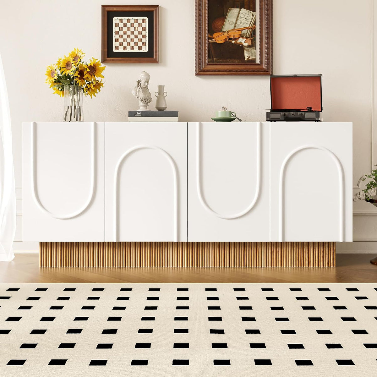 Buffet Merax 160x38x75, 160 × 38 × 75 cm, façade mate en imitation bois, avec 4 portes, placard multifonctionnel pour salon et salle à manger