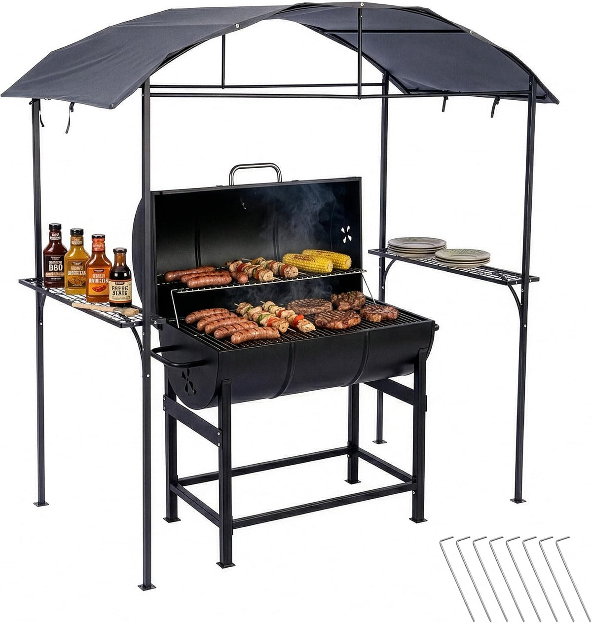 Barbecue, 230 × 210 × 116 cm, Jardin, Acier/Polyester, Relaxdays, 220 × 220 × 150 cm, 2 × 2 cm, HxLxP 230×210×116 cm, étagères latérales