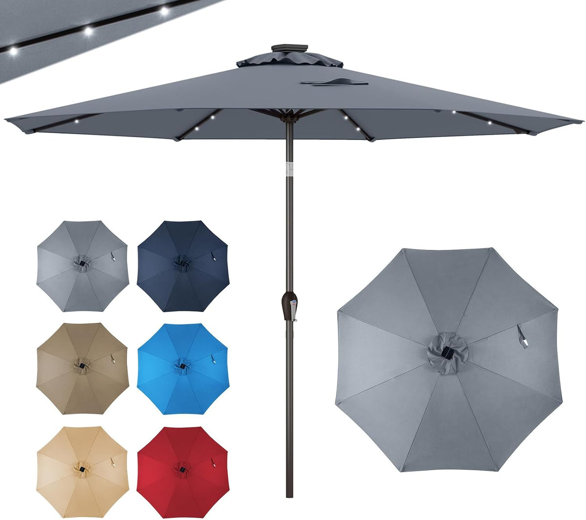 Parasol, pour Plage Balcon Patio, éclairage LED, 8 Baleines, GOPLUS, Gris, portable, Manivelle, Anti-UV, Base Non Incluse