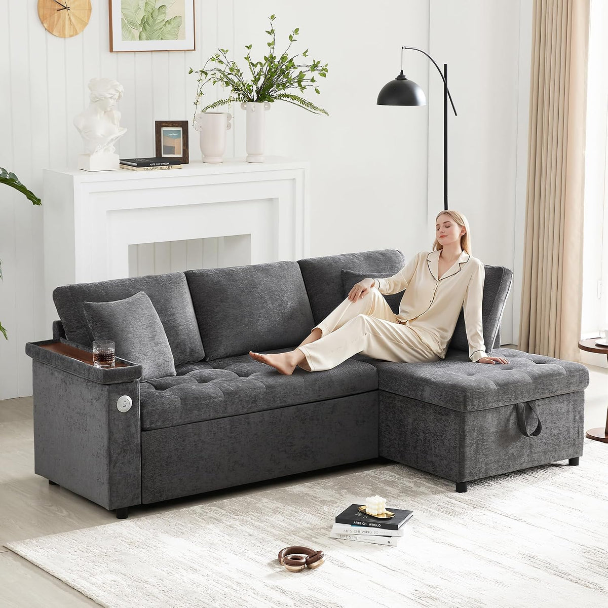 Canapé, 209 cm, Yihomfy, 130 cm, 84 cm, Gris-3, Gris-3 Seat, Rangement d'accoudoir et de 2 oreillers, Espace de Rangement