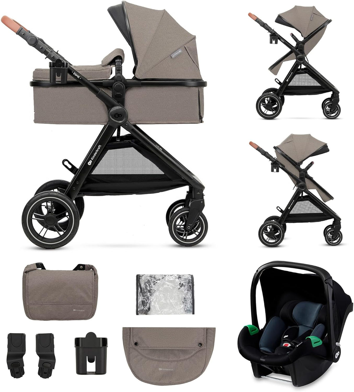 Poussette combinées, 75 cm, Kinderkraft ESME Poussette 3en1 avec Siège Auto Mink PRO i-Size, kk Kinderkraft, pliable, réglable, Beige