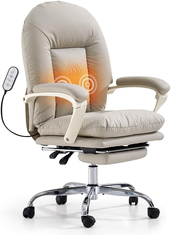 Chaise EMIAH, Cuir PU, Fauteuil de Bureau Ergonomique avec Chauffage Massage, Beige