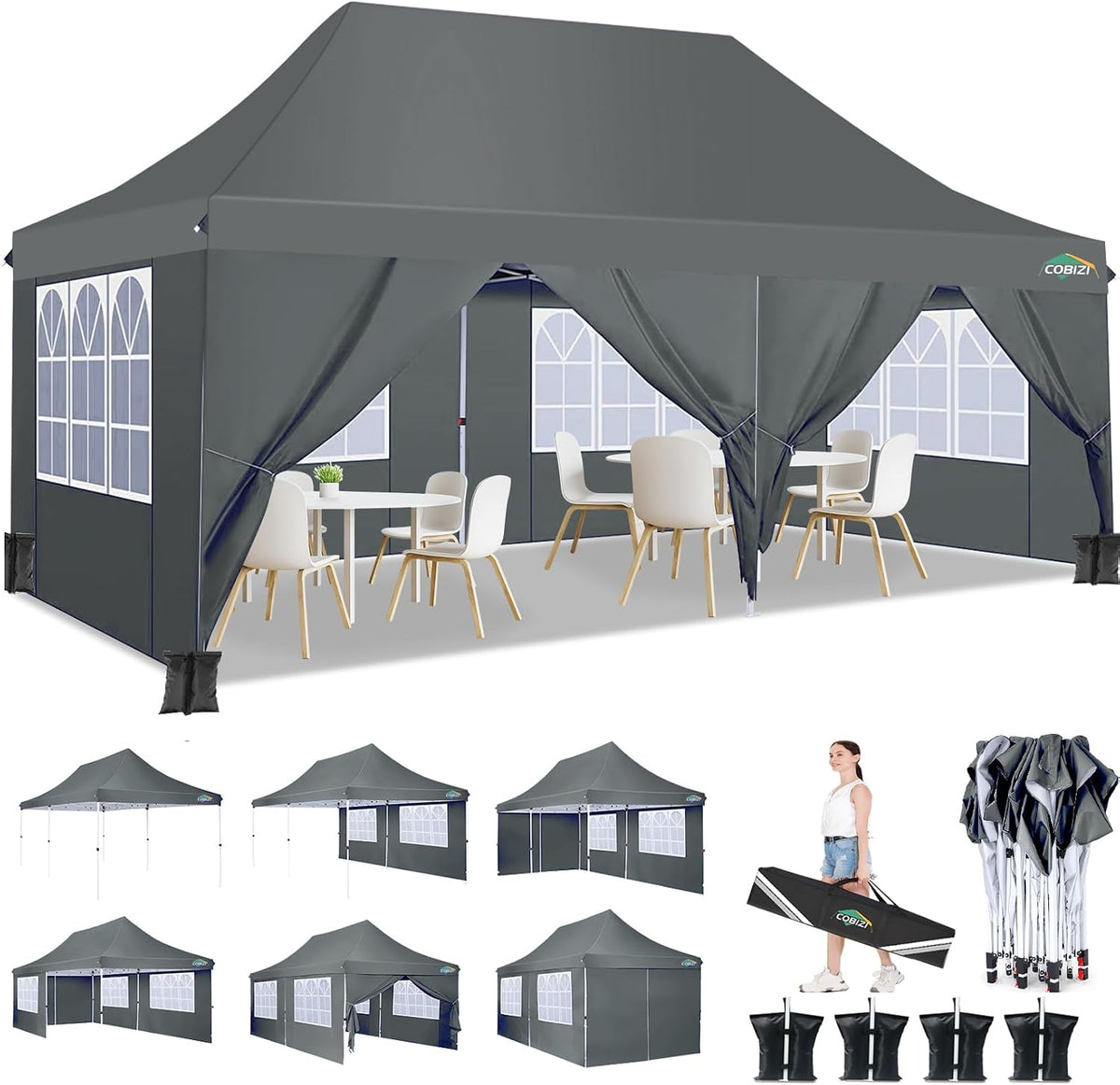 Tonnelle COBIZI, 28 × 28 mm, réglable, Jardin, 2000mm, 300cm, 119cm, 26cm, 23cm, 2 portes, 3 Hauteurs Réglables, 6 Parois Latérales, Marché