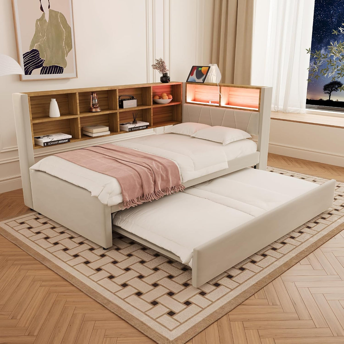 Cadre de lit, 90 × 200 cm, éclairage LED, Merax, 90 × 190 cm, 15 cm, canapé convertible avec lumières LED et compartiments de rangement