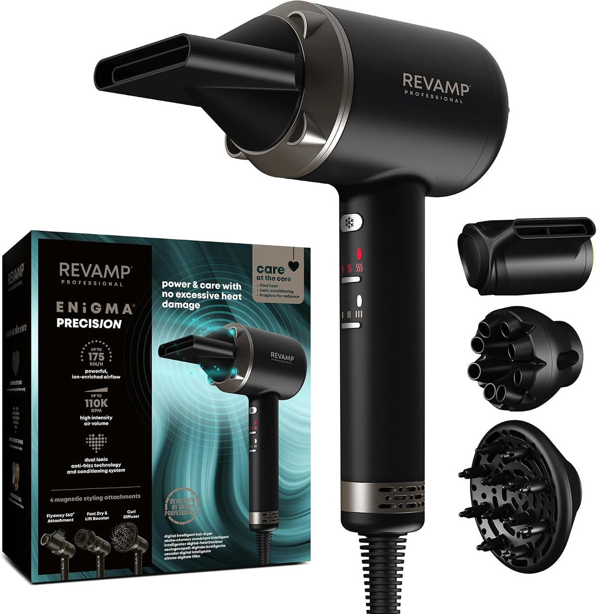 REVAMP Sèche-cheveux, 4 Accessoires Magnétiques pour Coiffure Professionnelle, Léger, Moteur Numérique Intelligent pour Séchage Rapide