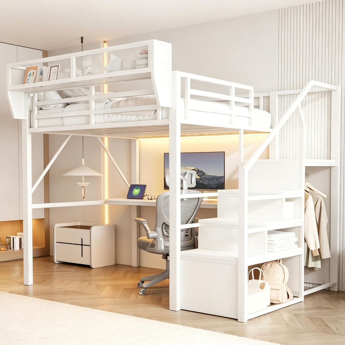 Lit, bureau long, 140 × 200 cm, éclairage LED, Merax, 140 cm, réglable, Blanc, sans matelas, échelle de sécurité et espace de rangement flexible