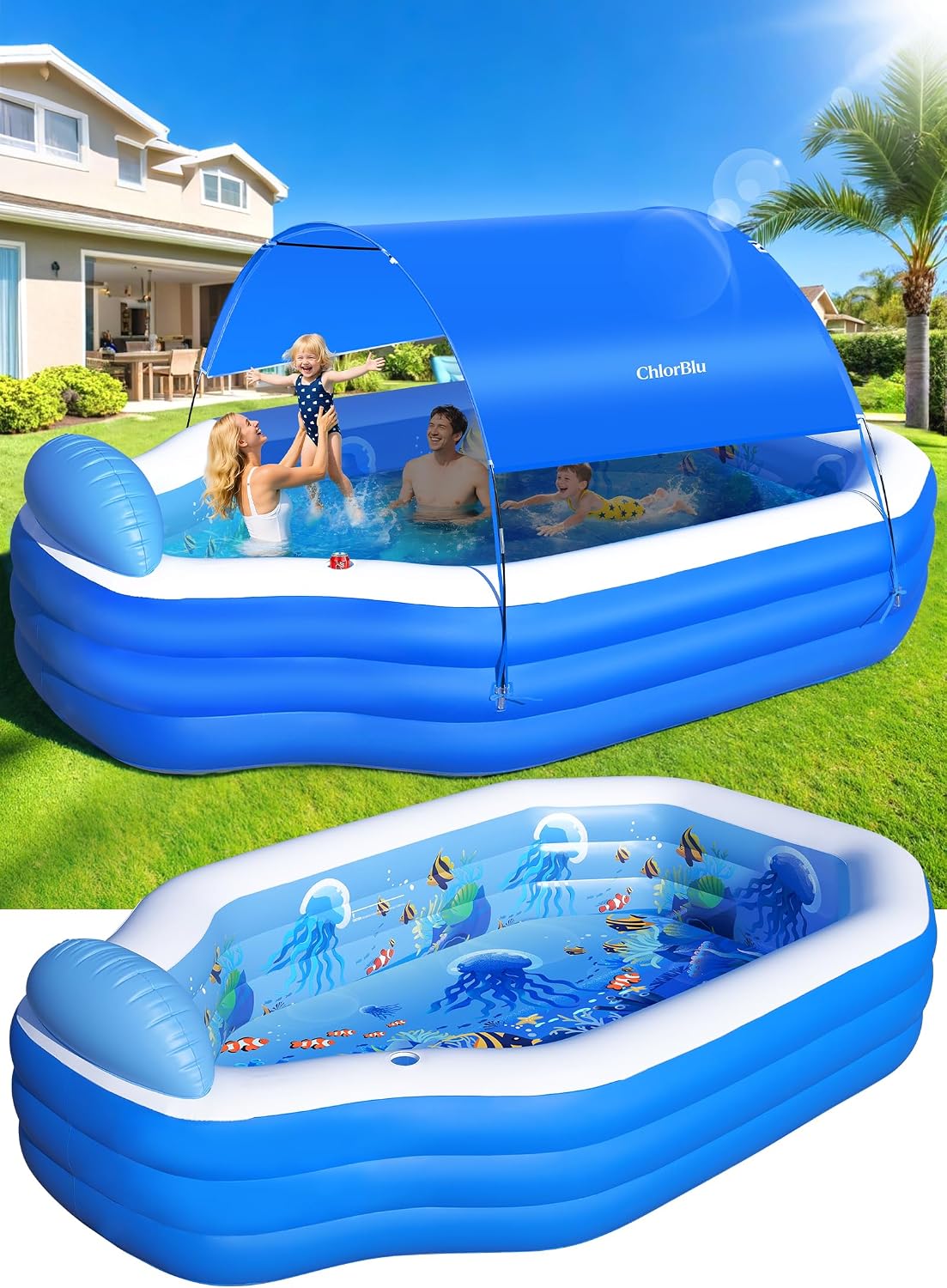 ChlorBlu Piscine gonflable, Piscine Familiale pour Jardin, 0, 4 mm, Piscine Rectangulaire Résistantes avec Sièges, 300 × 190 × 55cm