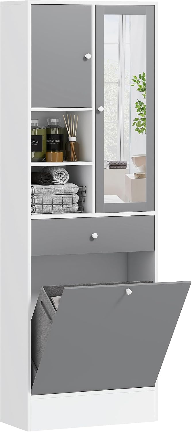 Meuble colonnes, réglable, 62l, HOMCOM, 53, 5l, Meuble de Salle de Bain Haut avec Coffre a Linge et Miroir