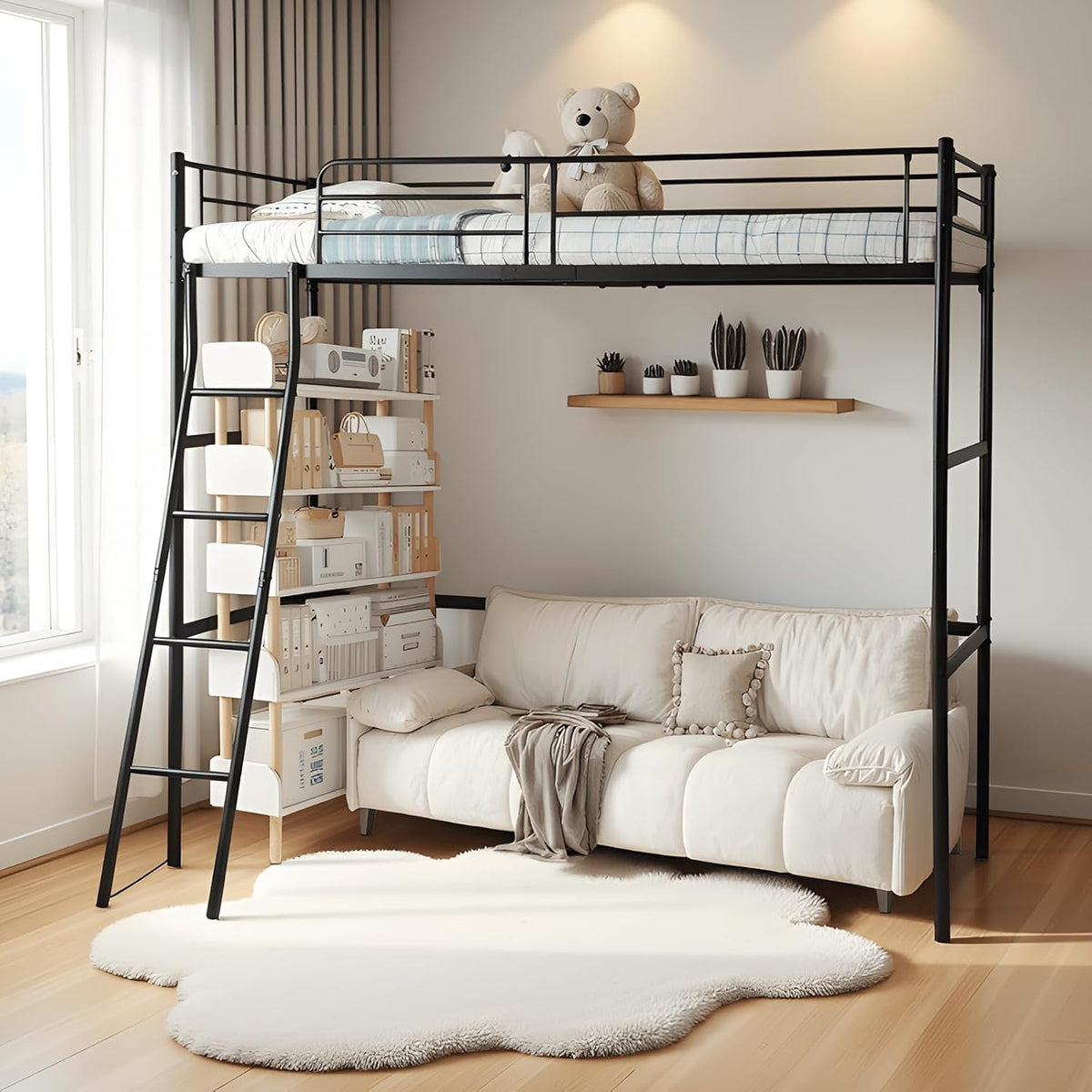 Cadre de lit, Multifonctionnel Lit en Métal avec Échelle pour Adultes et Enfants, 90 × 200 cm, FetiNes, 140 × 200 cm, 205 cm, 96 cm, 195 cm