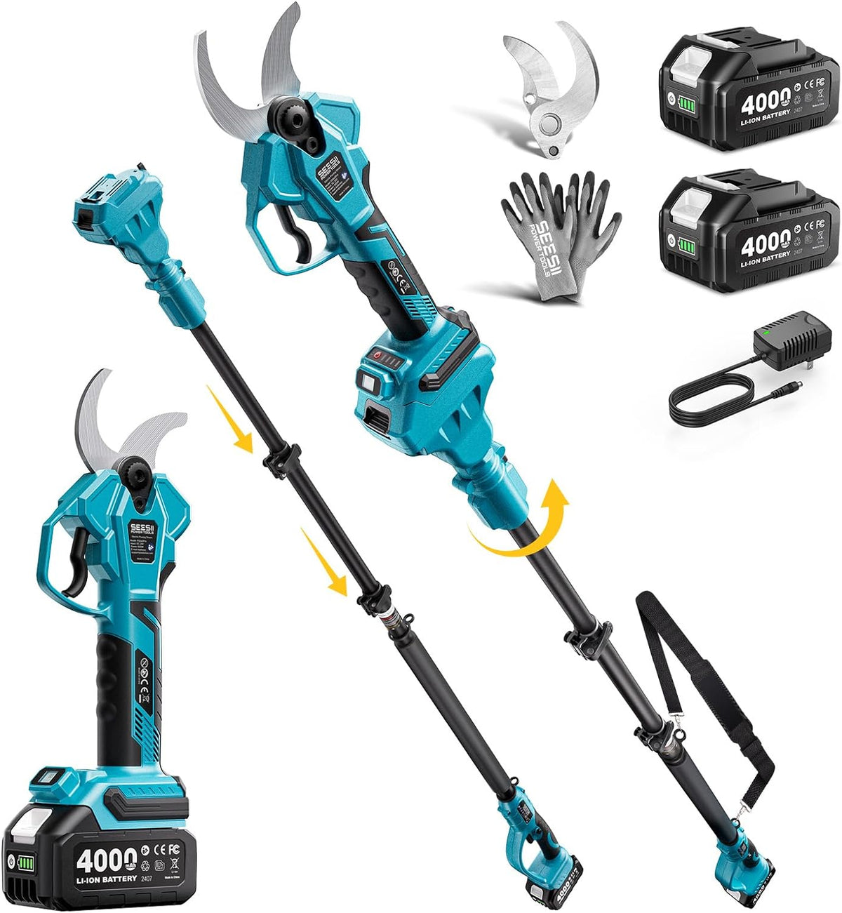 Seesii Sécateurset ciseaux, Secateur Electrique Sans Fil Avec Perche Telescopique, 40 mm, 4, 0 Ah, 2, 0 Ah, 600 W, 2 Batteries