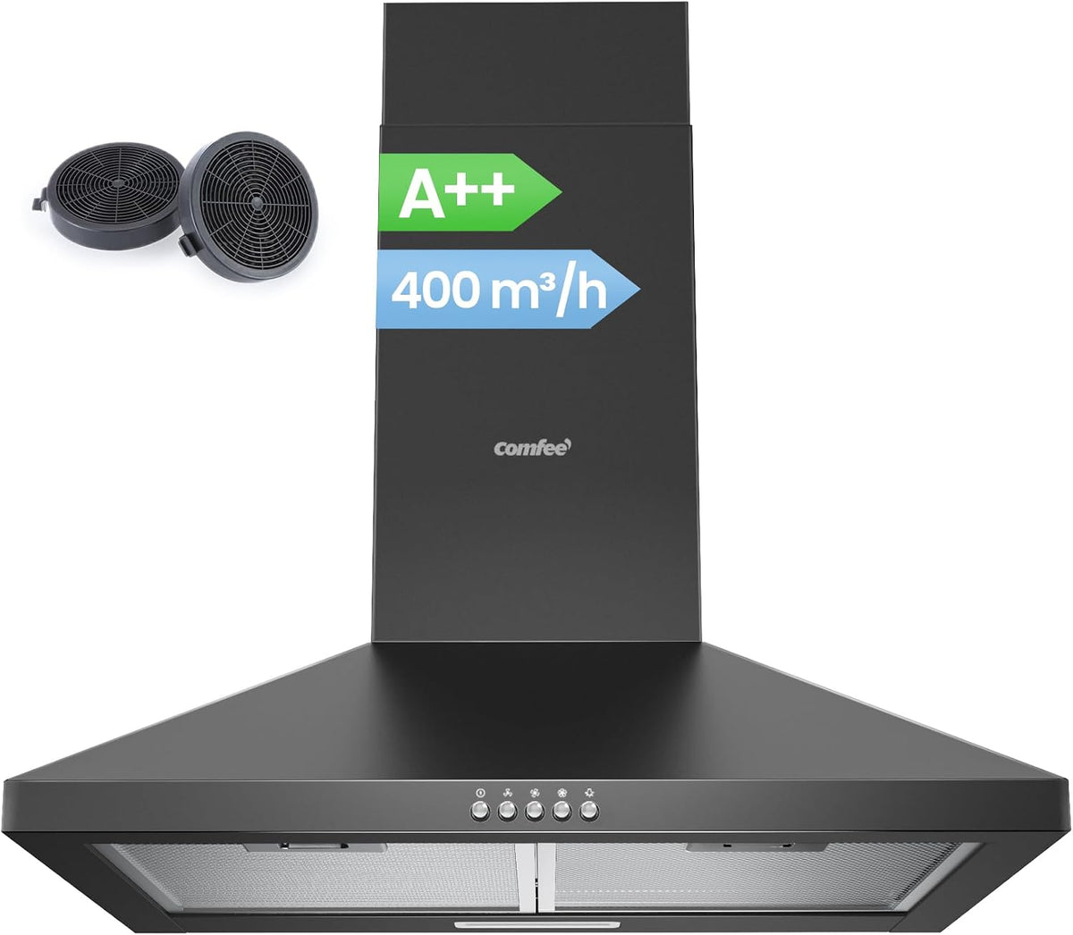 Comfee CH60A17EM400B-EU 400m3 Hotte aspirante, 60 cm, éclairage LED, acier inoxydable, 23 Modes, 400 m3/h, 11.5W, réglable, Noir