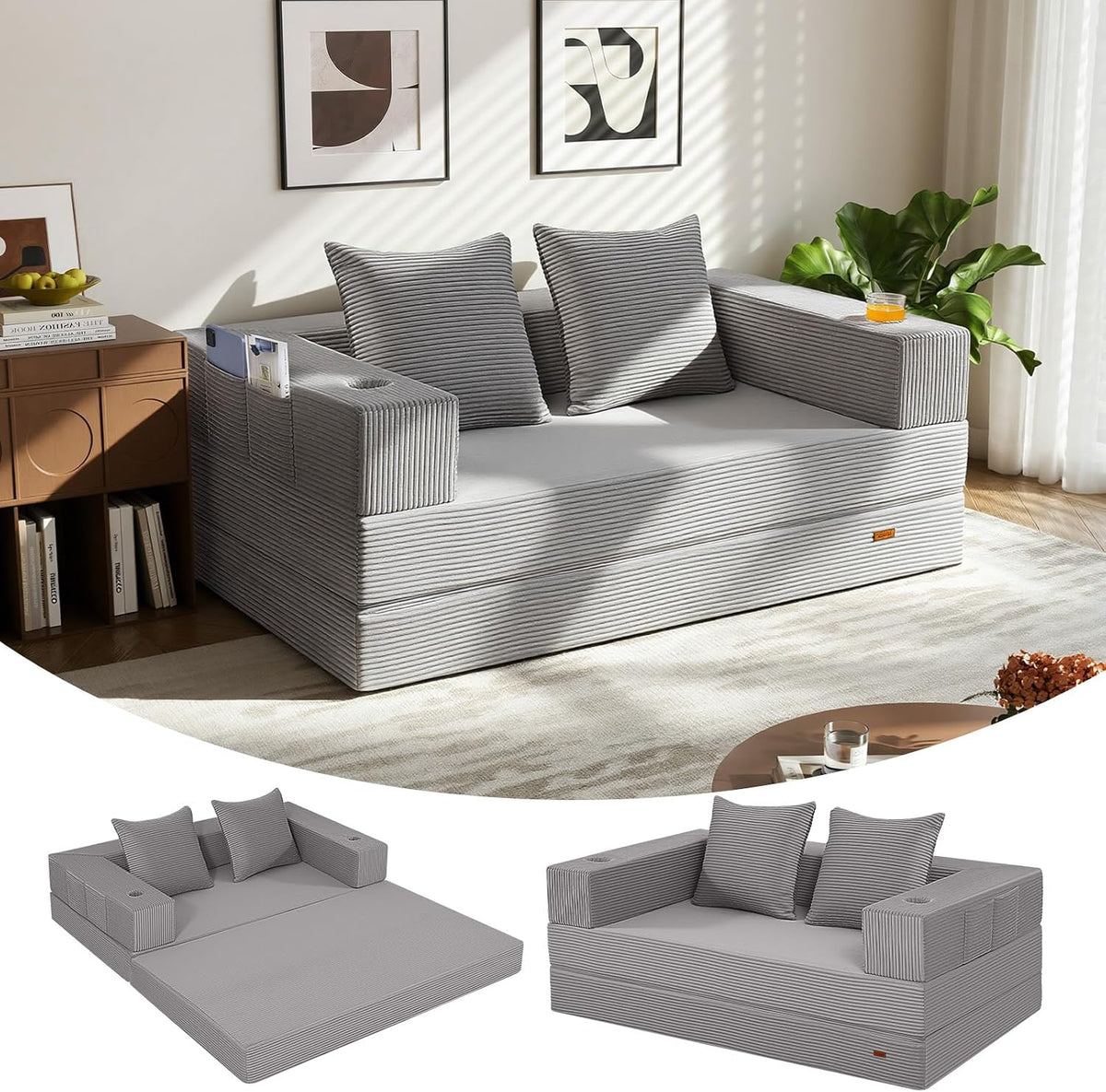 Canapé, pliable, MeMoreCool, sans os, en mousse haute densité pliable avec housse amovible et lavable, sans assemblage, gris clair