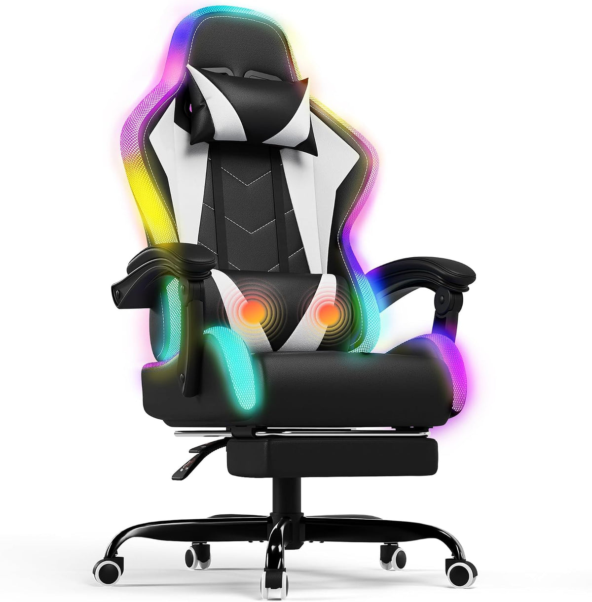 Chaise, 180 kg, éclairage LED, Devoko, 3 cm, 1, 8 mm, 366 modes, réglable, Fauteuil Gamer avec Appui-tête réglable, Blanc