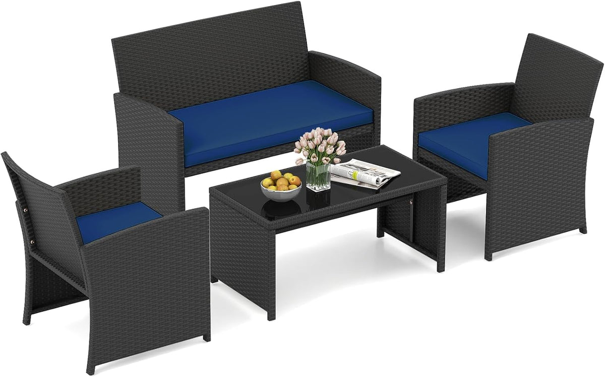 Salon de jardin, verre, COSTWAY, Noir+Bleu