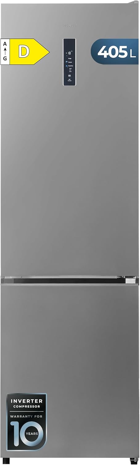 Réfrigérateur Cecotec, acier inoxydable, No Frost, 405 L, 200 cm, 59, 5 cm, 37 dB, 59, 5 cm Largeur, 4 °C, 7 °C, moteur Inverter, porte réversible
