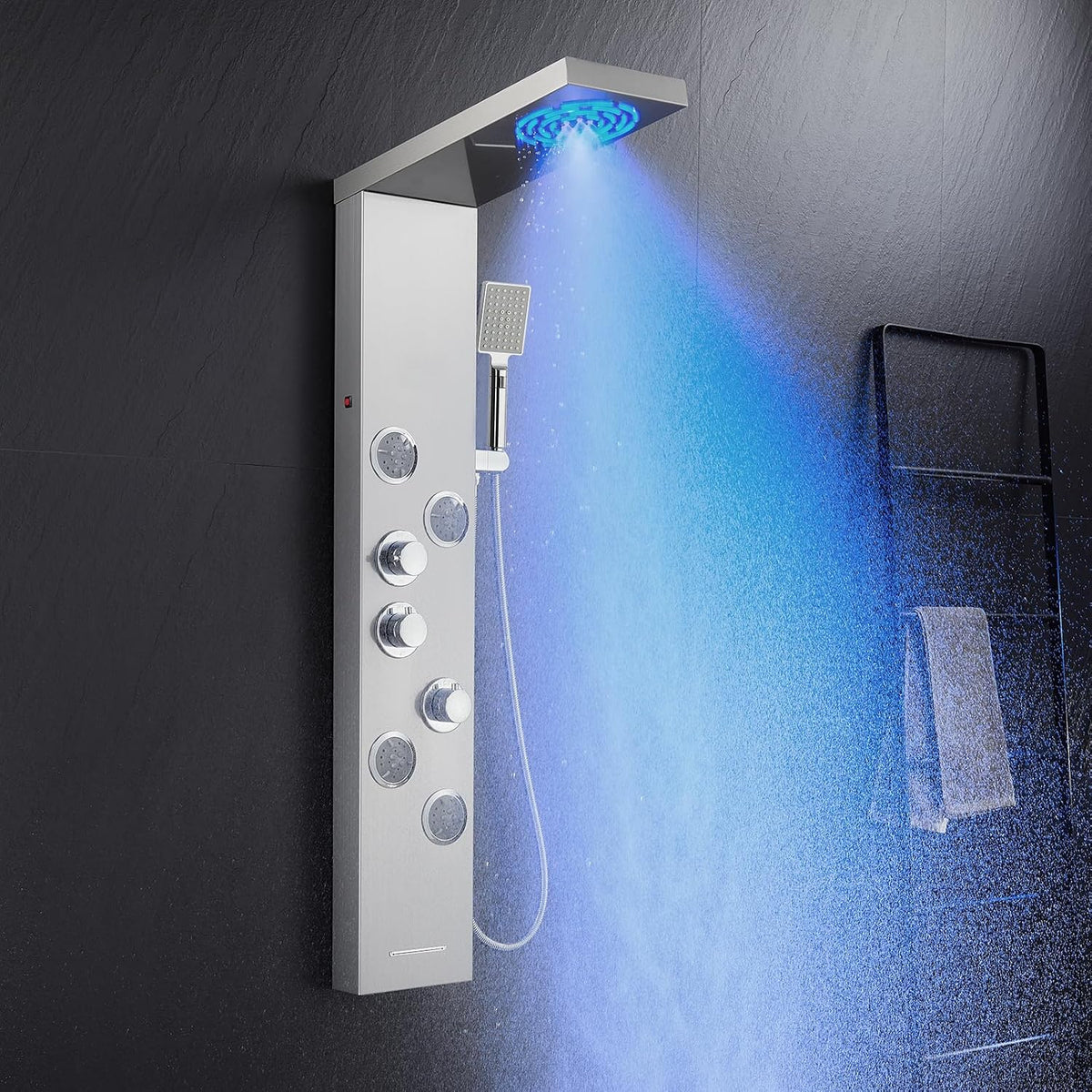 Système baignoire et douche, Acier Inox 304 Brossé, Panneau de Douche à 6 Fonctions avec Éclairage LED, 2 modes, KINKIBOS, 38°C, acier inoxydable