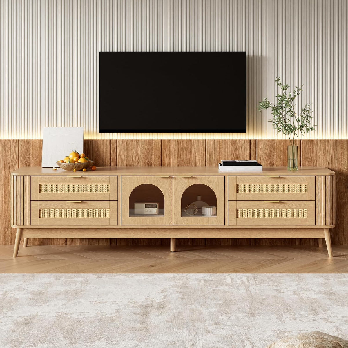 Meuble TV, 4 tiroirs et pieds en bois massif, 180 × 40 × 50 cm, éclairage LED, Merax, avec portes incurvées en verre ESG, LED par application
