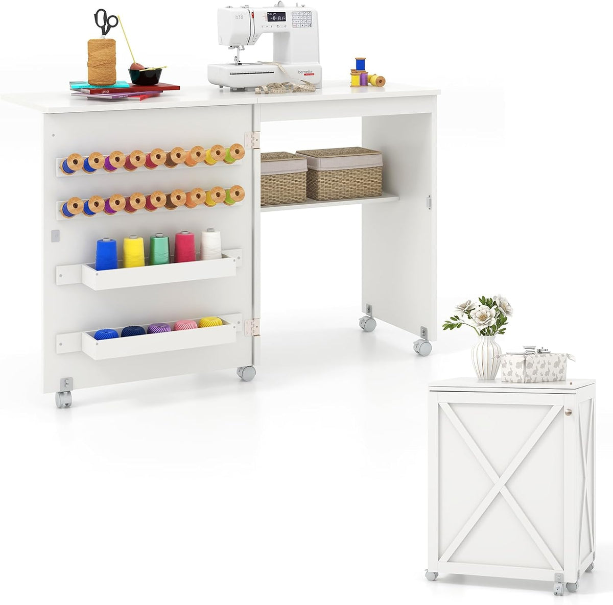 Armoire COSTWAY, Meuble Machine à Coudre Design Compact avec Etagère et 18 Rangées de Bâtonnets, 2 Plateaux de Rangement, pliable, Blanc
