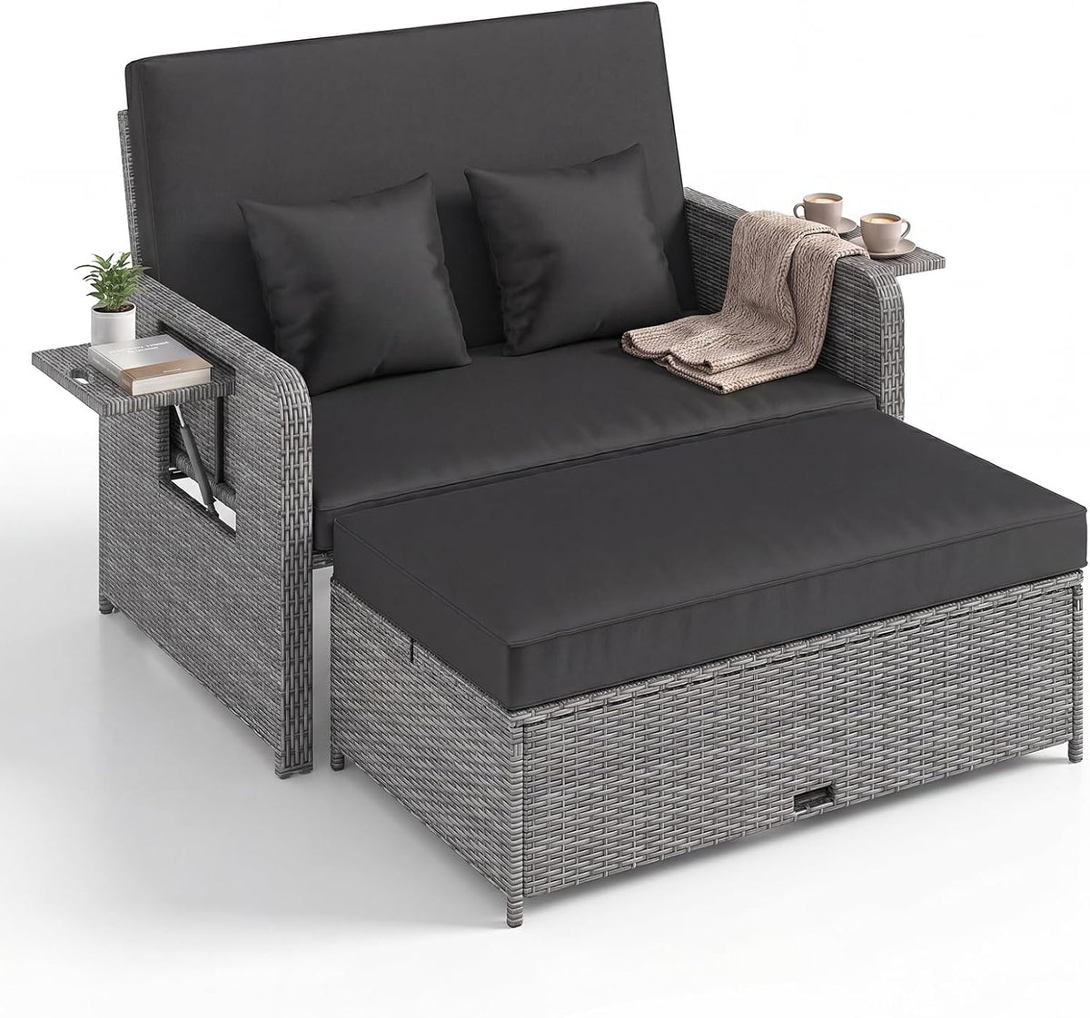 LIFEZEAL Salon de jardin, pliable, 360 kg, 30 cm, Charge 360 kg, Dossier Inclinable 4 Positions, 2 Oreillers, Style 2, réglable, Noir