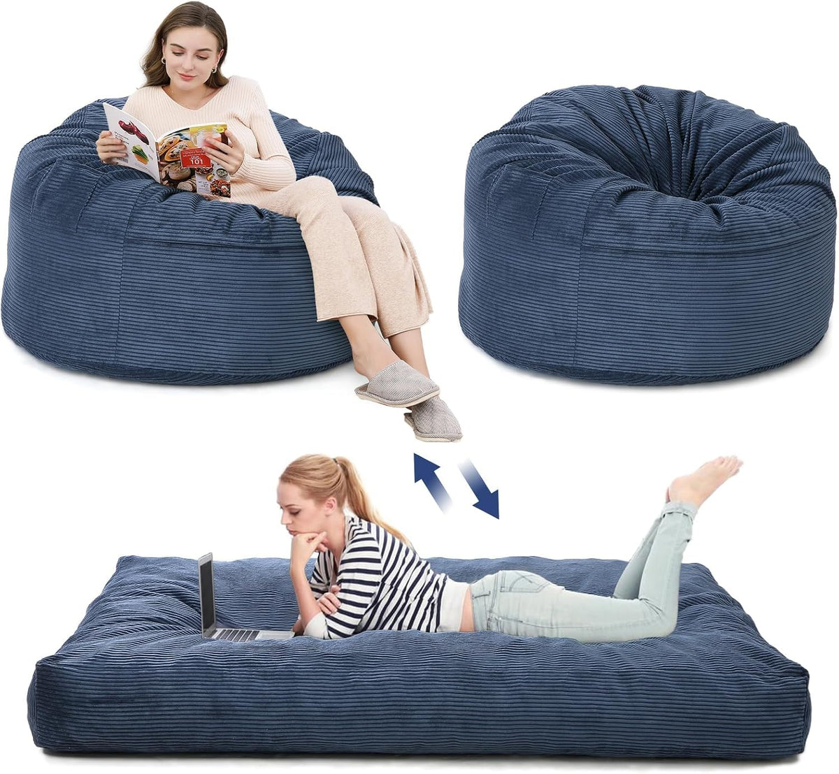 Canapé, 190 × 135 × 25cm, OPULENTHOME, Géant Pouf Lit Convertible en Velours Côtelé, Rembourrage Mousse, Bleu