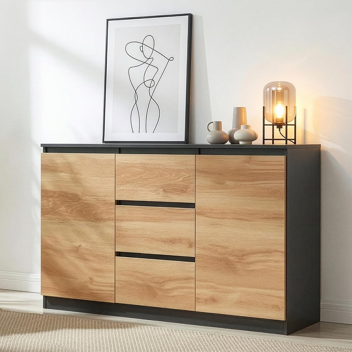 Buffet, 120 × 35 × 75 cm, en.casa, 2 Portes, 3 Tiroirs