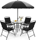 Salon de jardin, 4 Fauteuils, pliable, verre, KOMFOTTEU, 1 Parasol et 1 Table, Noir