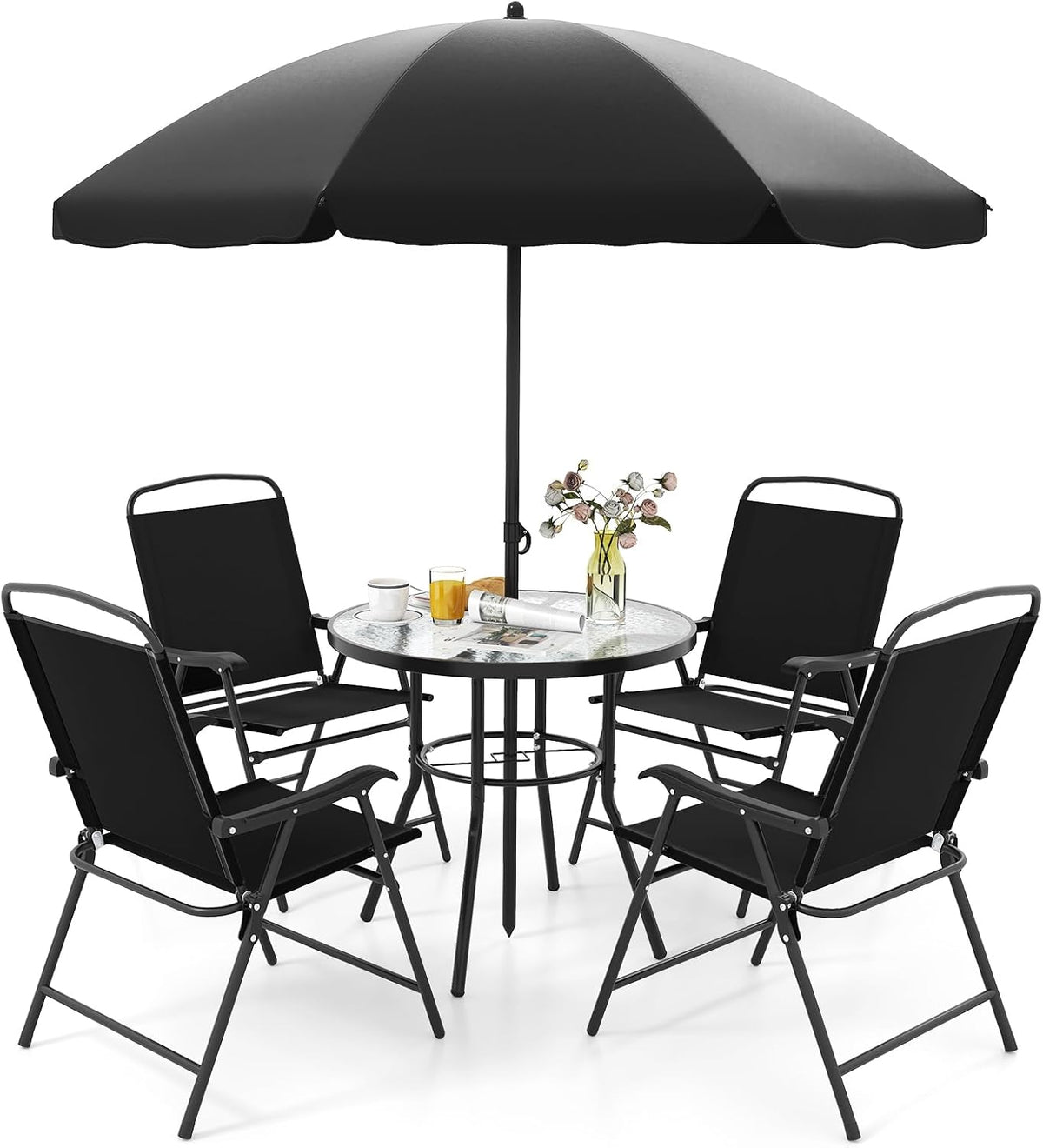 Salon de jardin, 4 Fauteuils, pliable, verre, KOMFOTTEU, 1 Parasol et 1 Table, Noir