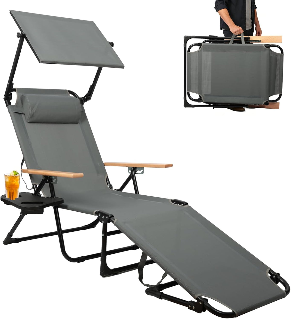 OVLRIJP Bain de soleil, 150 kg, Chaise Longue Pliable avec Dossier Réglable à 4 Positions, 120 × 64 × 90 cm, 86 × 12 × 63 cm