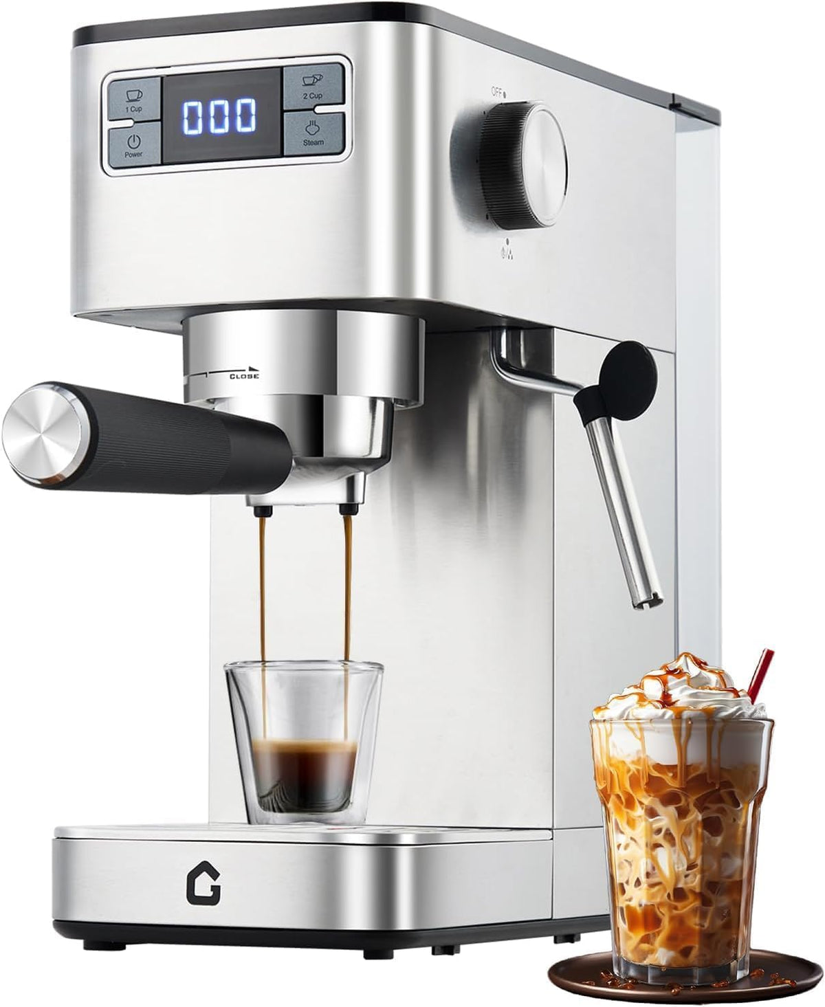Machine expresso à vapeur Garvee, éclairage LED, 1, 25 l, pour capuchi, Pression de 15 bars et design compact: machine à expresso en acier inoxydable